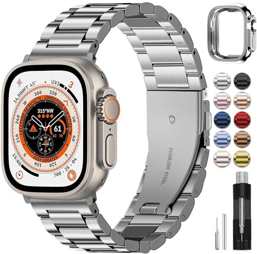 Fullmosa Metal Strap Compatible with Apple Watch Straps 49mm Stainless Steel Replacement Band Compatible with iWatch Series Ultra/Ultra 2, Silver & Protective Case