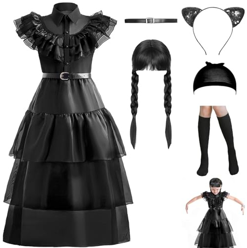 keaiyouhuo Mädchen schwarz Halloween Dress lange Kostüm Kleid für Cosplay | Schwarzes Halloween-Kostüm für Mädchen mit Gürtel, Perücke, Stirnband, Perückenhaube und Socken für Halloween und Cosplay.