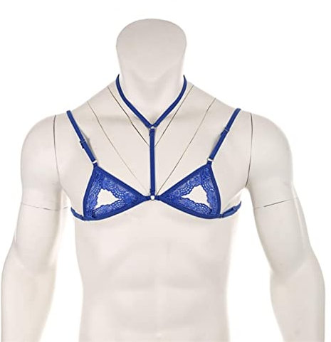 CABULE Sexy Herren Spitze Dessous BHs Nachtwäsche Neckholder Verstellbare Träger Geschirr Hombre Mini BH-N165 Saphir, L