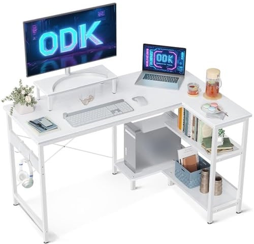 ODK Scrivania Angolare per Computer con Supporto per Monitor, Scrivania per PC Reversibile a Forma di L, Scrivania Moderna e Salvaspazio per Ufficio e Studio (120x80x75cm, Bianco)