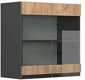Vicco Küchenglasschrank R-Line, Goldkraft Eiche/Anthrazit, 60 cm J-Shape