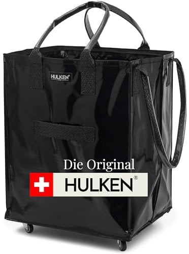 HULKEN - (Große, schwarze) wiederverwendbare Einkaufstasche auf Rädern. Der Einkaufswagen trägt bis zu 30 kg. Der klappbare Einkaufstrolley hat robuste Griffe und Reißverschluss, ist flach und faltbar