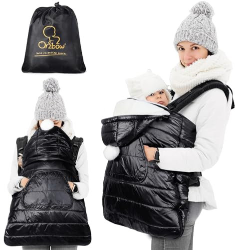 Orzbow Babytrage Universal Regenschutz,Wasserdicht Babytrage Cover mit Abnehmbare Kapuze mit Kordelzug,Korallenvlies-Futter,Vordertasche,Reißverschluss Unten,für Winter,Frühling,Herbst