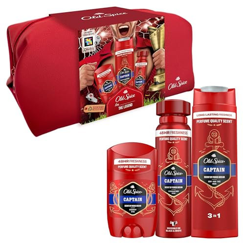 Old Spice Fußball Kulturbeutel Geschenkset für Männer mit Captain Deo Stick 50ml, Deodorant Bodyspray 150ml und Duschgel 250ml
