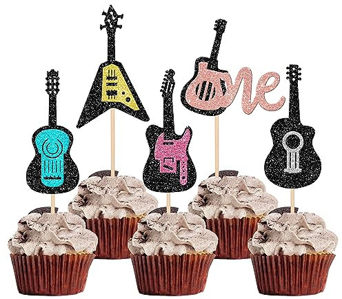 30 Stück Gitarre One Tortendeko Glitzer Guitar Felsen Cupcake Toppers Musikalisch Instrument Kuchen Deko Erste Geburtstag Torte Dekorationen für 1. Geburtstag Baby Dusche Thema Geburtstag Party