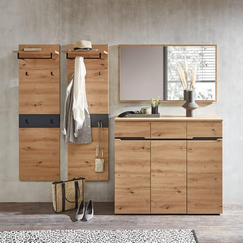 Lomadox Flurgarderobe Garderoben Set mit Spiegel, Schuhschrank, 2 x Garderobenpaneel in Artisan Eiche Nb. mit Graphit