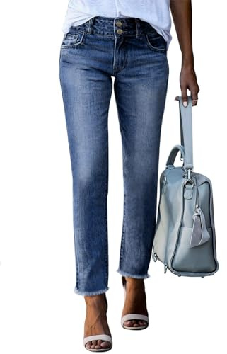 Sidefeel Women's High Waisted Tummy Control Jeans Trendy 2025 Straight Leg Raw Hem Denim Pants Sky Blue Size 12
