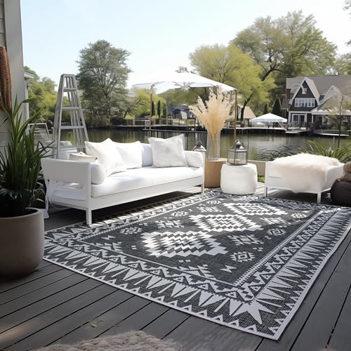 Elle Decoration In und Outdoor Teppich – Wendeteppich Wetterfest & Wasserfest - Modernes Geometrisches Muster Rauten Muster Outdoorteppich für Garten, Balkon, Terrasse, Wohnzimmer – Schwarz, 80x150cm