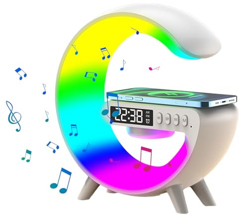 Wireless Charger Lamp,G Shape Lamp Phone Charger,LED Wireless Table Speaker Charger Light,Wireless Charging Light Up Speaker,RGB Color Changing Ambient Light Alarm Clock Smart Mood Light Bedside Lamp
