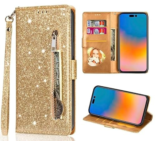 FERLAN Handyhülle für iPhone 13 Pro Max Hülle,Flip Case Lederhülle Reißverschluss Magnetverschluss Brieftasche mit 3 Kartenfächern Standfuntion Retro Matt Ledertasche,Glitzer Golden