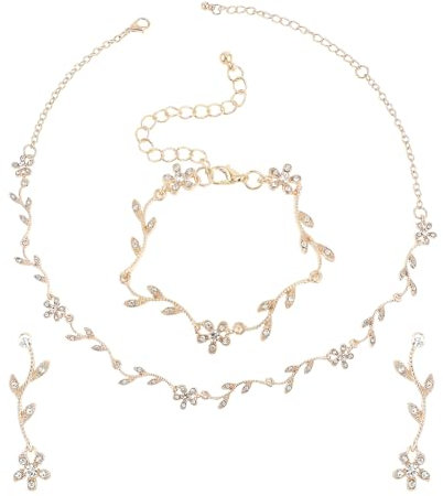 Yolev Brautschmuck Strass Braut Hochzeit Halskette Ohrringe Armband Set Gold Floral Hochzeit Strass Anhänger Halskette Braut Brautjungfer Schmuck Set