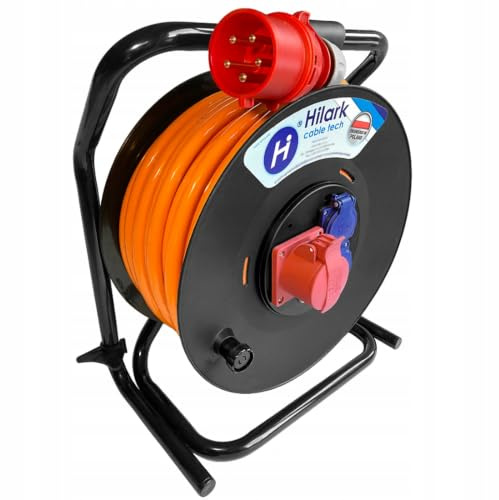 Hilark Cable Tech Kabeltrommel, professionell, H07BQ-F 5 x 4 mm², Orange, 25 m, Verlängerungskabel mit Steckdosenblock