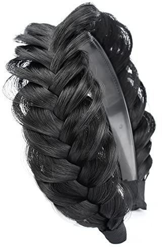 Gledola Wide Messy Braided Headband with Teeth Synthetic Hair Braided Headband High Elasticity Braids Braided Hair Band Hairpiece for Girls Women (Natürliches Schwarz)