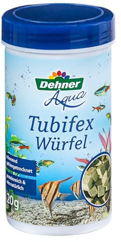 Dehner Aqua Fischfutter, Fischsnack proteinreich / 100% natürlich, Tubifex Würfel aus Bachröhrenwürmern für Zierfische, 20 g
