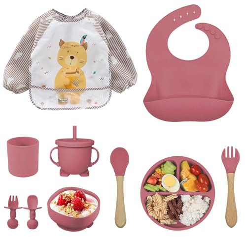 Assiette Bebe,10 pièces Coffret Repas Bebe, Assiette Ventouse Silicone Antiderapant avec Compartiments, Ventouse Bol, Bavoir, Cuillère d’apprentissage, Assiette Enfant Set Couvert Bebe