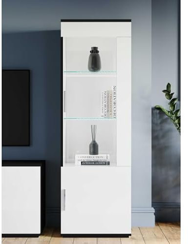 Vitrine droite 2 portes Noir/Blanc laqué à LEDS - REVE - L 60 x l 47 x H 182 cm