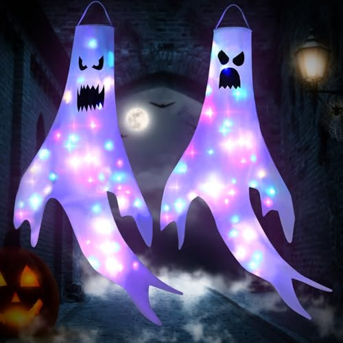 LEMESO 2 Piezas Calcetines de Viento de Fantasma Decoración Halloween Mangas De Viento con Luces LED Decoración Halloween para Exterior Jardín Palcón