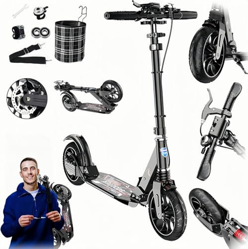 Cityroller Tretroller Erwachsene 200mm Big Wheel Kids Scooter mit Bremsen und Stoßdämpfern, City Roller Kinder 10 Jahre, Kickboard Klappbar Höhenverstellbar 150 kg Tragkraft A