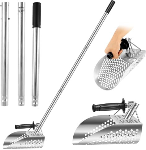 Stainless Steel Sand Scoop, Beach Shovel with Long Handle Detachable Beach Treasure Hunting Scoop Heavy Duty Multipurpose Metal Detecting Shovel for Sand Sifting and Treasure Hunting