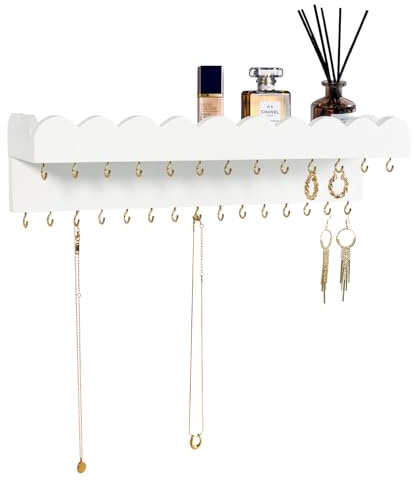 Lampaggio Organizador de joyas de pared con 28 ganchos y estante para cosméticos, moderno soporte de madera para collares, pulseras, aretes y anillos, color blanco