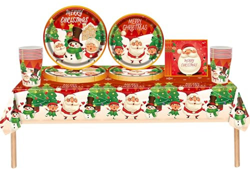 69pcs Christmas Paper Party Tableware Set Plastic Table Cloth,Paper Plates Napkins Serviettes and Cups,Merry Christmas Decoration Santa Elf Red Dinnerware Set for Winter Holiday Xmas Party Table Decor