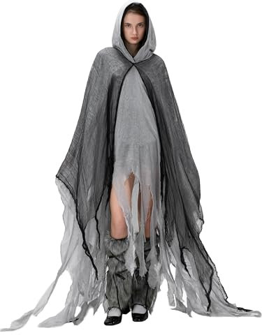 SANSIWU Damen Halloween Zerrissener Hexenumhang Erwachsene Schrecklicher Sensenmann Geist Umhang Mittelalter Renaissance Scream Grim Cosplay Outfits (A-Grau, Einheitsgröße)