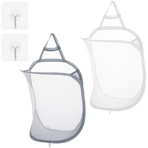 Molain Mesh Collapsible Small Wall Laundry Baskets, 2PCS Hanging Laundry Hamper Hanging Clothes Hamper Baskets for Home Hotel Travel Camping University Dormitory(White+Grey)