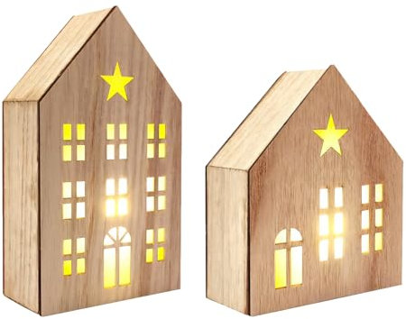 2 pezzi villaggio di Natale con illuminazione, decorazione natalizia in legno illuminato, casette di Natale in legno con luce LED, mini casa di Natale a LED per decorazioni natalizie interne,