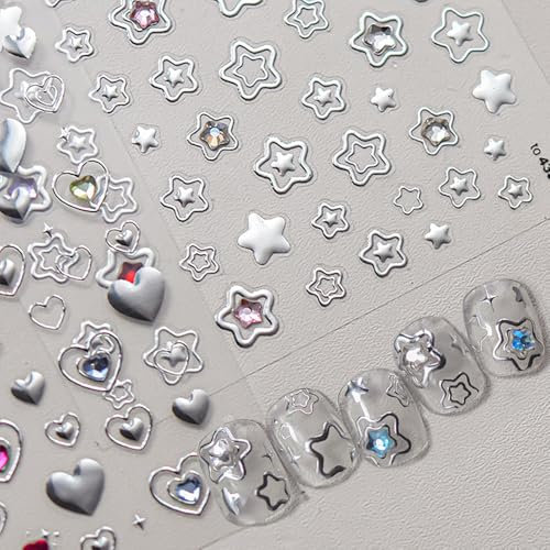 Kristall Herz Stern Nagelsticker Silber Ausgehöhlt Rhinestones Herzen Sterne Nail Sticker Y2K Strass Love Heart Star Nagelaufkleber Gelee Geprägt Nageldesign Nagel Sticker Nagel Zubehör Nail Art