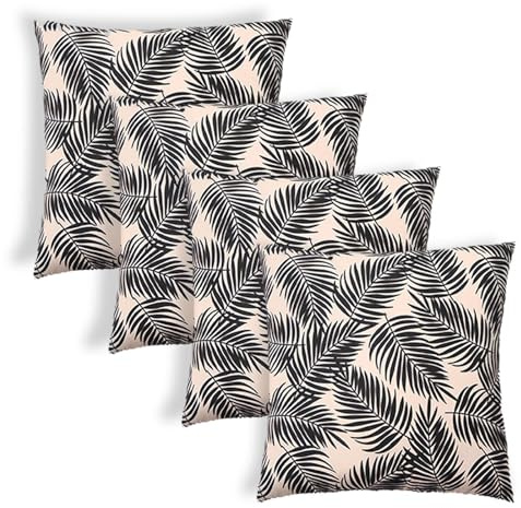 Brentfords Outdoor Cushion Covers 45 x 45 Leaf Print, Water Resistant Outdoor Cushions 4 Pack Super Soft Comfy Decorative Throw Pillows For Garden Sofa Bench, Monochrome