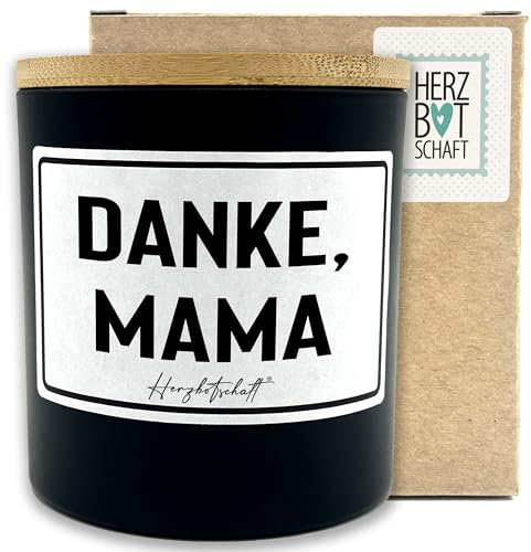 HERZBOTSCHAFT Duftkerze mit Spruch – Danke, Mama – Geschenk für Mama, Muttertag, handgemachte Sojakerze im Glas, nachhaltig, optional mit personalisiertem Bambusdeckel