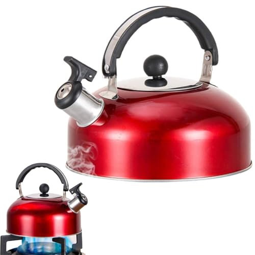 2L Whistling Camping Kettle/Pouring Spout and Heat-Resistant Folding Handle/Camping, Fishing, Workshops and Garages (Red)