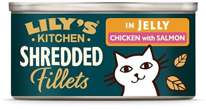 Lily’s Kitchen Aus Natürlichen Zutaten hergestellt Zerkleinerte Filets in Gelee mit Hühnchen und Lachs Ausgewachsen Nassfutter für Katzen 70 g Dose