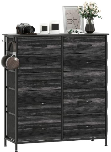 HOMCOM Chest of Drawers for Bedroom, 10 Fabric Drawers, Black | Dresser, Tall Storage Unit, 4 Pockets, 2 Hooks, Steel Frame, Living Room, Hallway