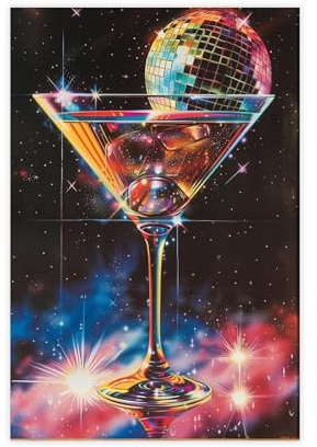 80s Martini Glass Print, Martini Glass And Disco Ball, Cosmic Glam, Kitchen Decor, Retro Kitchen Diner Poster, Trendy Aesthetic Cocktail Canvas Art Wall Decor Posters Home Bar Restaurant Garage Cafe
