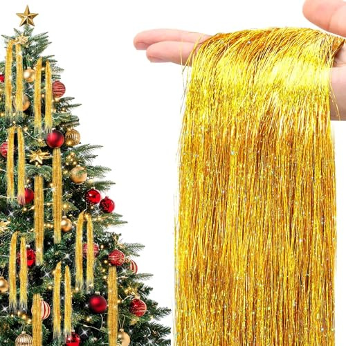 AUGSUN Weihnachtsbaum Lametta, 6000 Stränge Glitzer Lametta Vorhänge 50 cm Lametta Gold Glitzervorhang Lametta für Geburtstagsfeier Hochzeit Weihnachten Party Deko