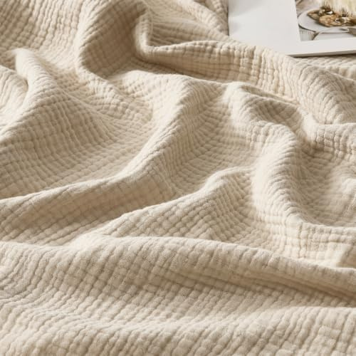 R.SHARE 100% Baumwolle Musselin Decke 225x270cm, 4-lagige Atmungsaktive Weiche Baumwolldecke Sommerdecke mit Fransen Tagesdecke Couch Überwurf Sofaüberwurf Couchdecke Alle Jahreszeiten, Beige