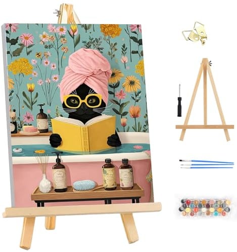 MEIYUDA Peinture par Numero Adulte avec Cadre, Chat noir Kit de Peinture à l'Huile sur Toile par Numéro, Decoration Maison Cadeau 25x35cm