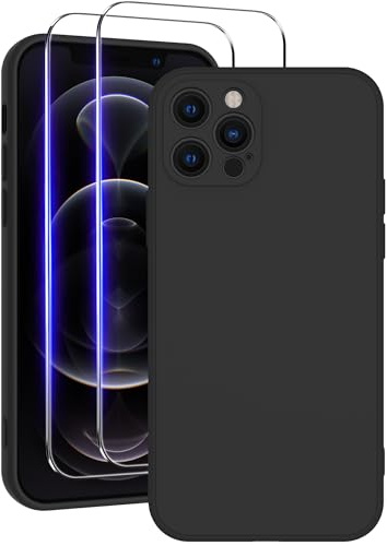 Qasyfanc Soft Silicone Case for iPhone 12 pro, Black | 2 Tempered Glass Screen Protectors, Shockproof, Dust-proof, Full Protection, Cover with Anti-Scratch Microfiber Lining