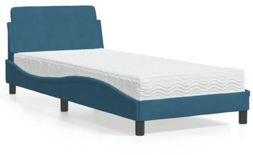 Runheo Polsterbett Dover Blau 90x200 cm, Samtbezug, mit Schaumstoffmatratze H2/H3, Wellendesign, Stabiler Bettrahmen aus Kiefernholz für Schlafzimmer
