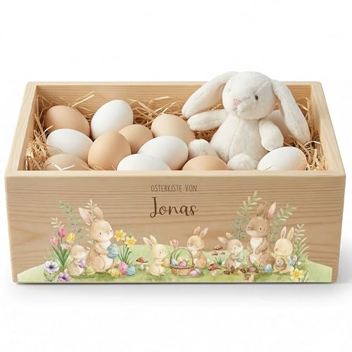 Kidsmood - Personalisierte Holzkiste mit Namen – Aufbewahrungskorb zu Ostern für Kinder, nachhaltig & kindersicher für Osterdeko & Ostergeschenke mit liebevoller Hasenfamilie (40x30x13)