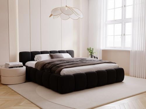GRAINGOLD Cloud Low Bett, Polsterbett mit Bettkasten, Polsterbett mit Stauraum, Samt, mit Lattenrost, mit Kopfteil, ohne Matratze (Schwarz, 160x200)