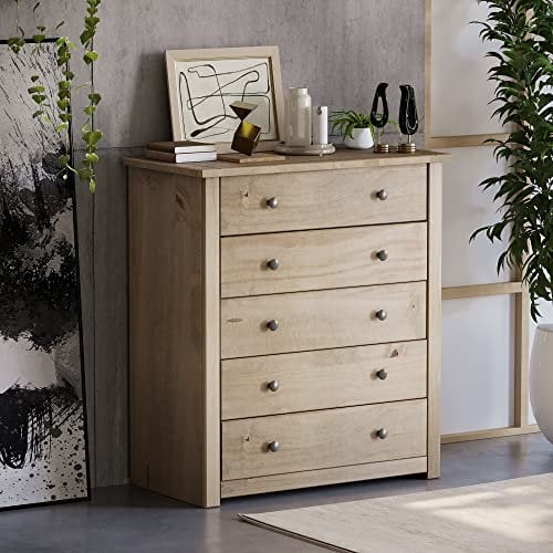 Vida Designs Panama 5 Drawer Chest Solid Pine Wood Waxed Oak Finish