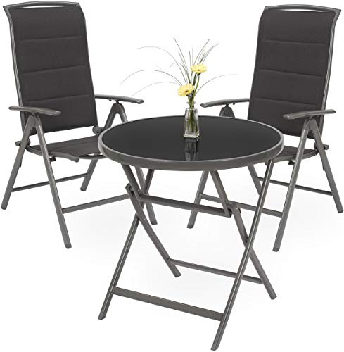 BRUBAKER Garten Sitzgruppe Milano - Wetterfest - Silbergrau | 1 Glastisch Klapptisch rund 70 cm Ø mit 2 Hochlehner Stühlen - Aluminium