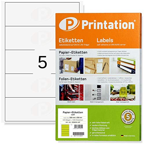 Printation Ordnerrücken Etiketten 190 x 58 mm selbstklebend weiß bedruckbar - 125 Rückenschilder Ordner breit selbstklebend auf 25 DIN A4 Bogen 1x5-5 pro Blatt - Ordneretiketten Aufkleber 190x58