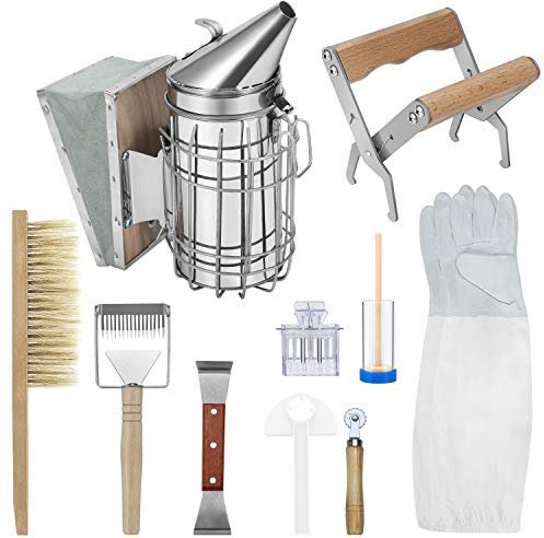 Flexzion Beekeeping Supplies Tool Kit - 10 Pcs Essential Beekeeper Equipment Supplies-All - Beginners Beehive Starter Kit Smoker, Uncapping, Queen Marking, Bee Hive Tools