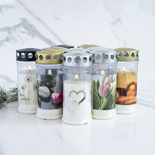 10er Sets HOFER GRABKERZEN 4 Tage Brenndauer - Das Original [Verbundenheit Select] Trauerkerzen mit Deckel | Grablicht, Friedhofskerze mit Motiv und Spruch | Kerzen für Grabdeko, Grabschmuck