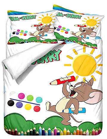 NICHIYO Tom and Jerry Bettwäsche-Set – Bettbezug und Kissenbezug, Mikrofaser, 3D-Digitaldruck, dreiteilige Bettwäsche (14, King 220 x 240 cm)