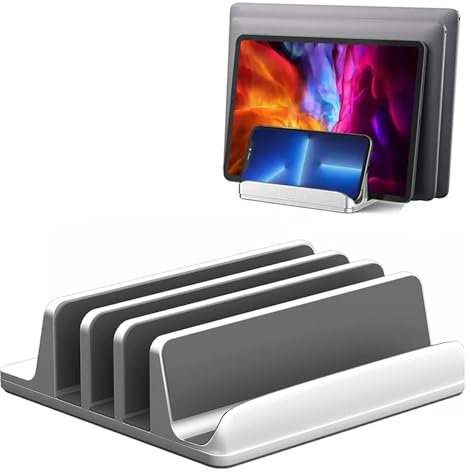 Syslux Vertical Laptop Stand [Upgrade Version], 3 Slots Space-Saving Aluminum Desktop Stand Holder with Adjustable Dock Size,Compatible with All MacBook/Surface/Lenovo/Dell/Gaming Laptops (Silver)