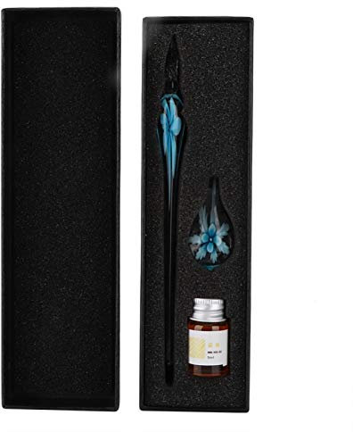 Kuuleyn Glas Dip Pen, Retro Crystal Elegant Flower Glas Dip Pen Signature Ink Pen Füllfederhalter mit Tintenstifthalter für Dekoration und Sammlung(Hellblau)